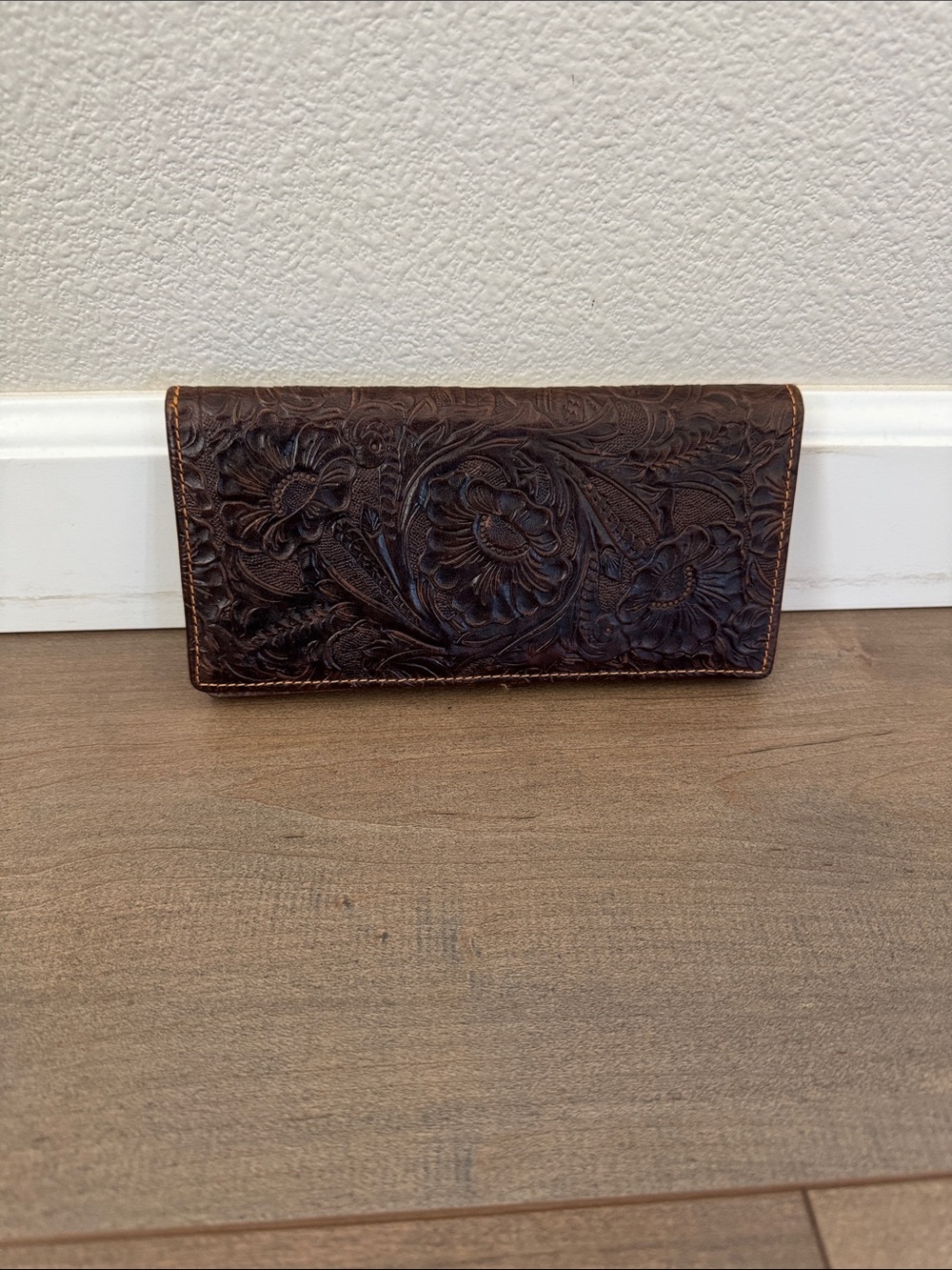 Hand-Tooled Brown Leather Wallet - Floral Design
